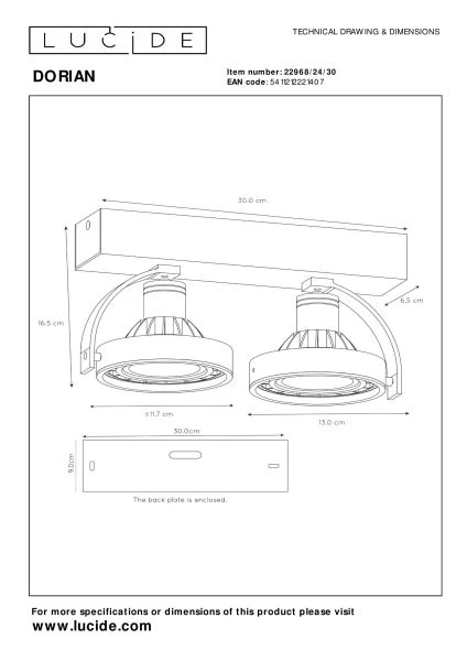 Lucide DORIAN - Plafondspot - LED Dim to warm - GU10 (ES111) - 2x12W 2200K/3000K - Zwart - technisch